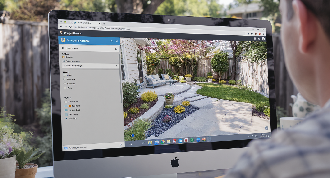 Homeowner viewing AI-generated landscaping design on computer and tablet in sunny backyard.