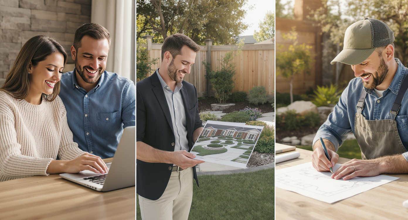 Homeowners, real estate agent, and designer using AI-generated hardscape visuals in different professional and personal outdoor settings.