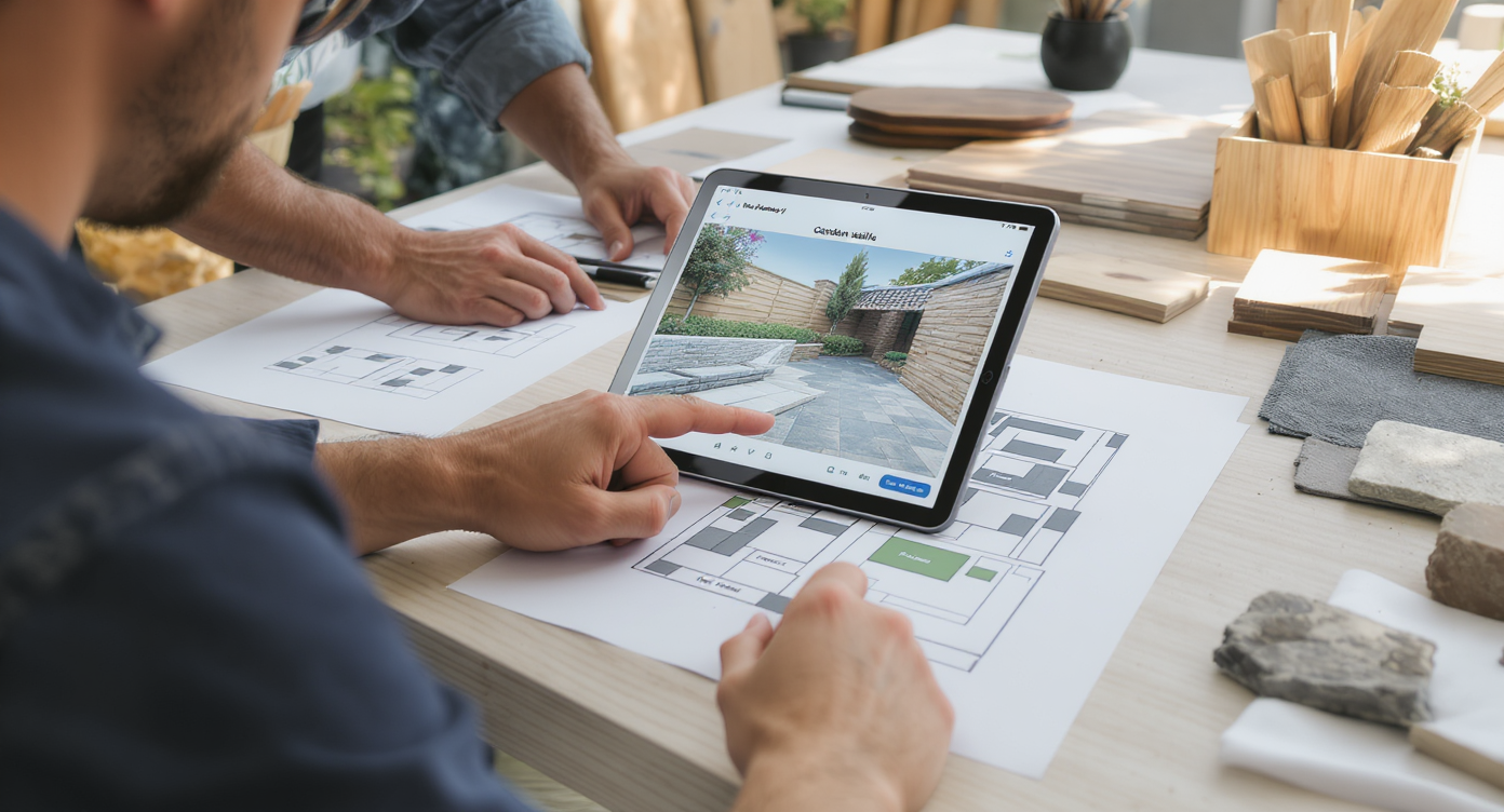 Homeowner directing AI design tool indoors with sketches and material samples, optimizing hardscaping visualization results.