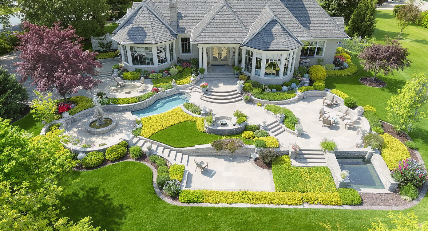 Aerial view of an outdoor space enhanced with stone terraces, pathways, water features, and seating, showing AI's comprehensive design impact.