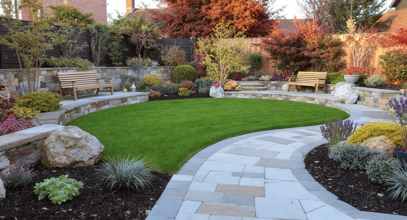 Outdoor garden with curved stone pathway, seating area with wooden benches, and defined greenery illustrating balanced hardscaping.