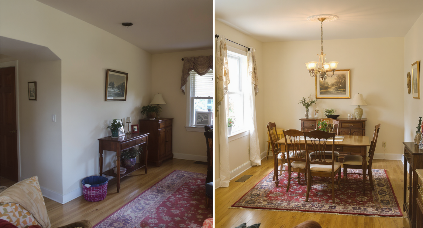 Side-by-side photos of dining room: left tilted and distorted, right perfectly aligned and clear.