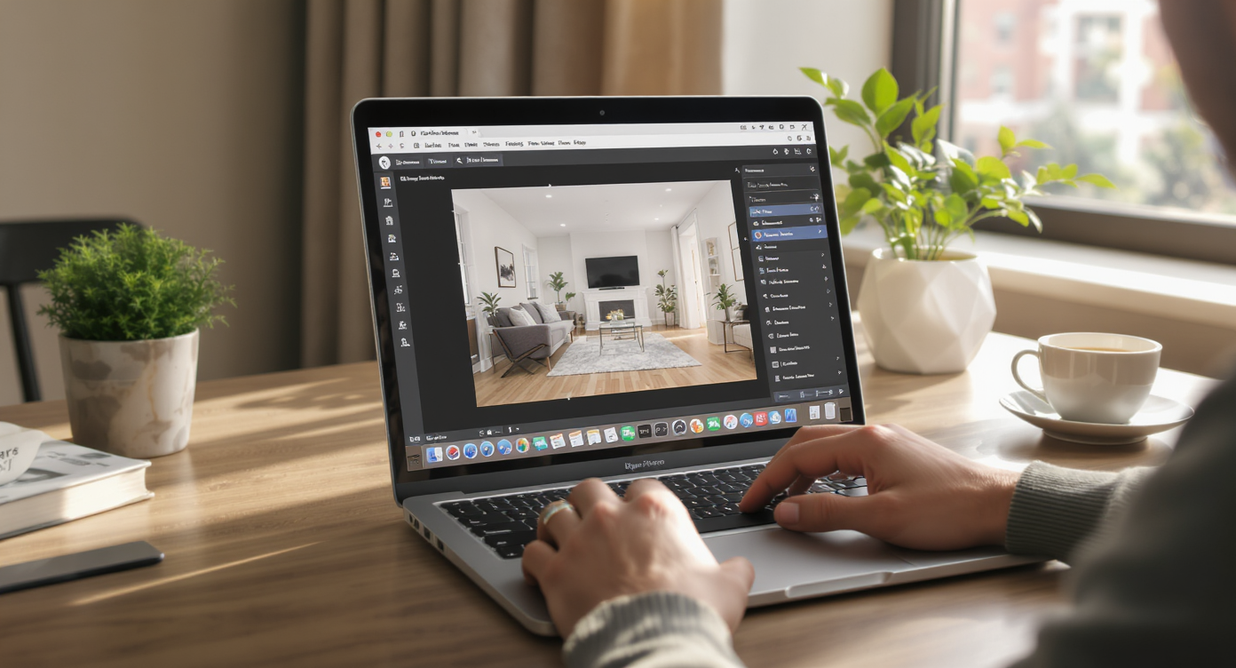 User editing a tilted real estate photo on laptop using ReimagineHome.ai in a bright, modern workspace.