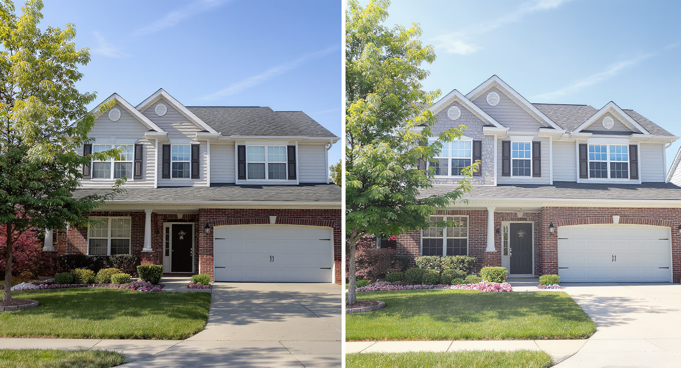 Exterior home photo before and after digital straightening with corrected horizon and roof alignment.