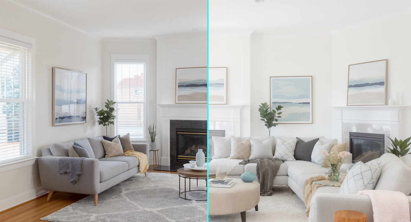 Illustration of crooked living room photo transforming into a level image with digitally straightened lines shown.