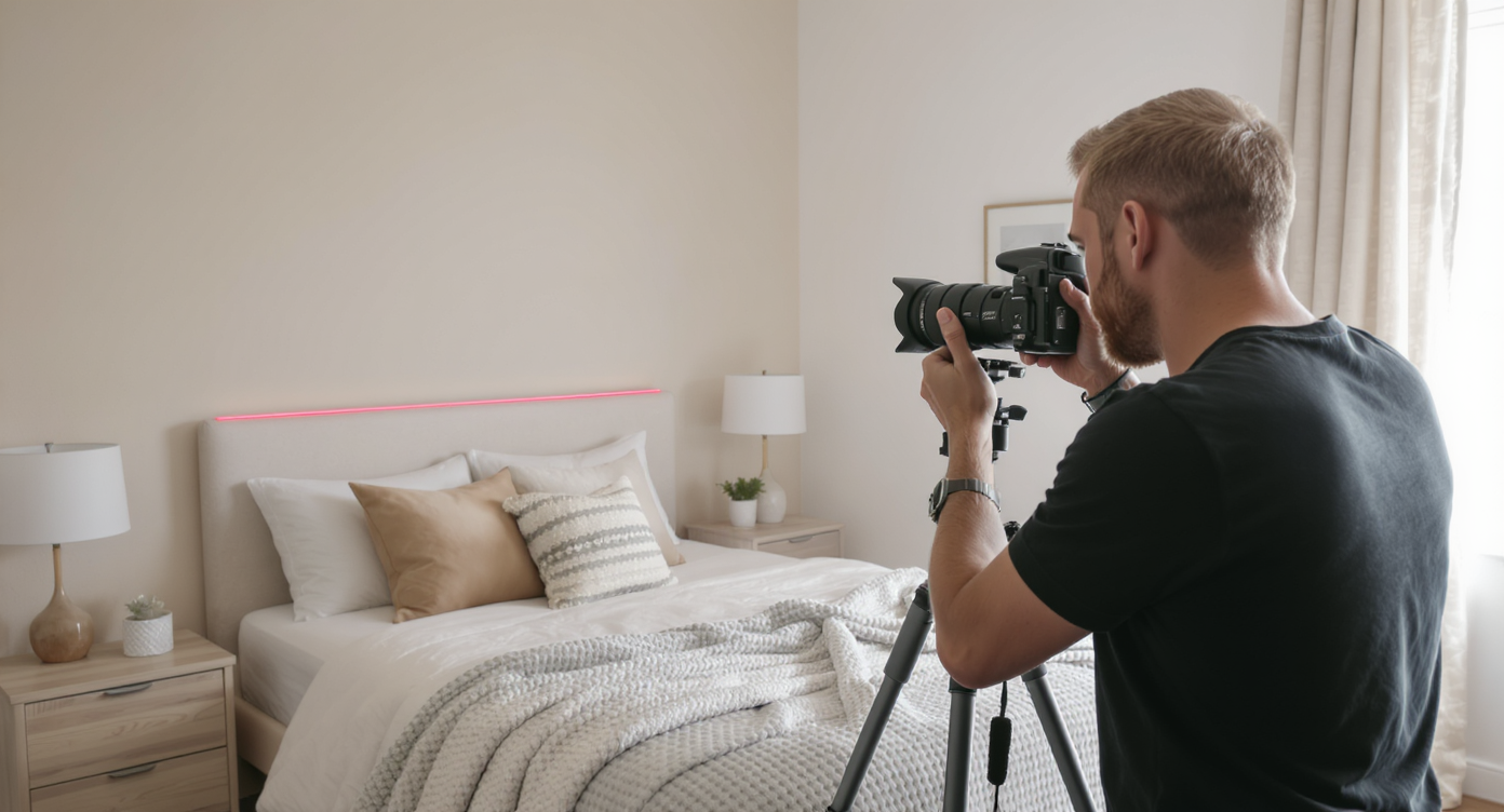 Real estate photographer using tripod and bubble level to capture aligned photos in serene, modern bedroom.