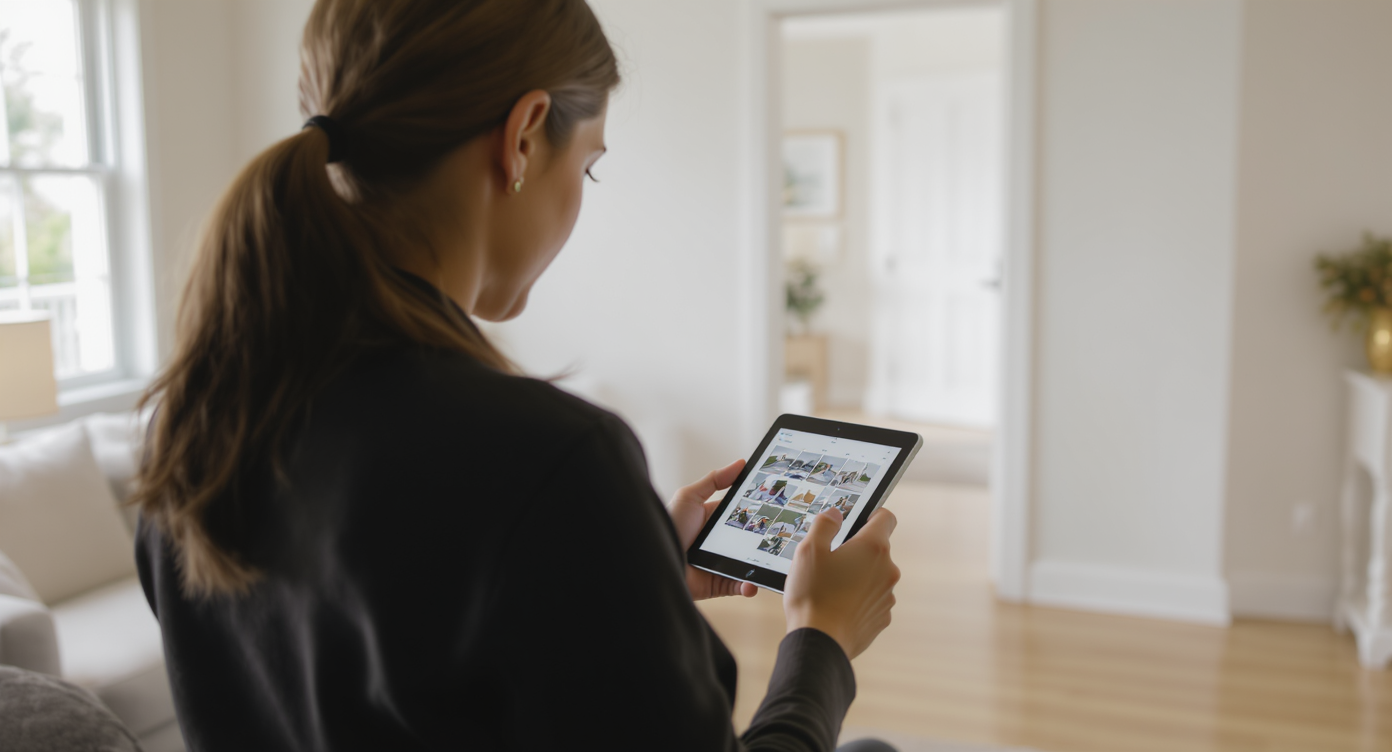 Real estate agent examining property photos on tablet in bright, organized, and level-furnished home interior.