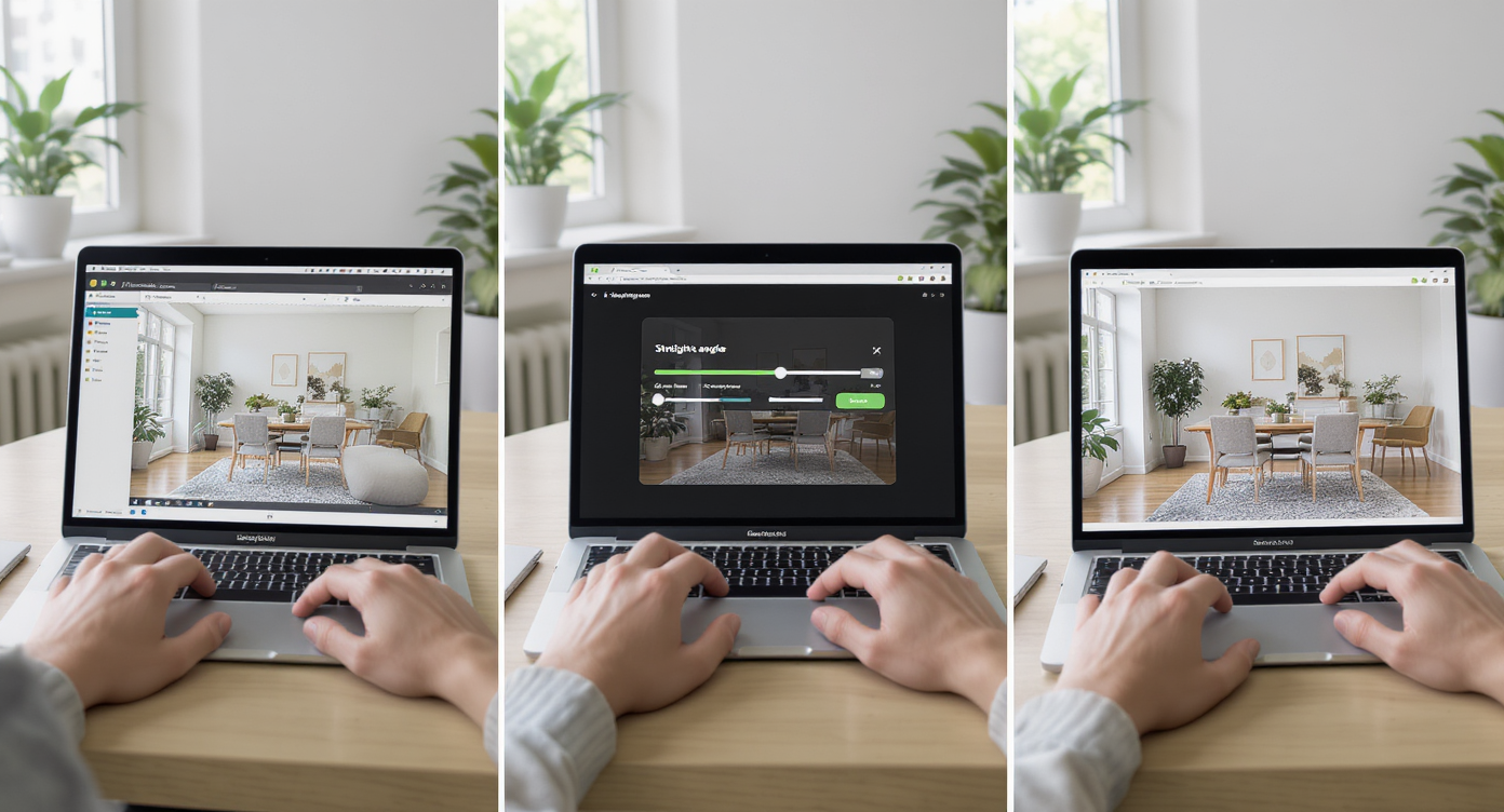 Person using ReimagineHome.ai on laptop to select, adjust, and view straightened real estate photos indoors.