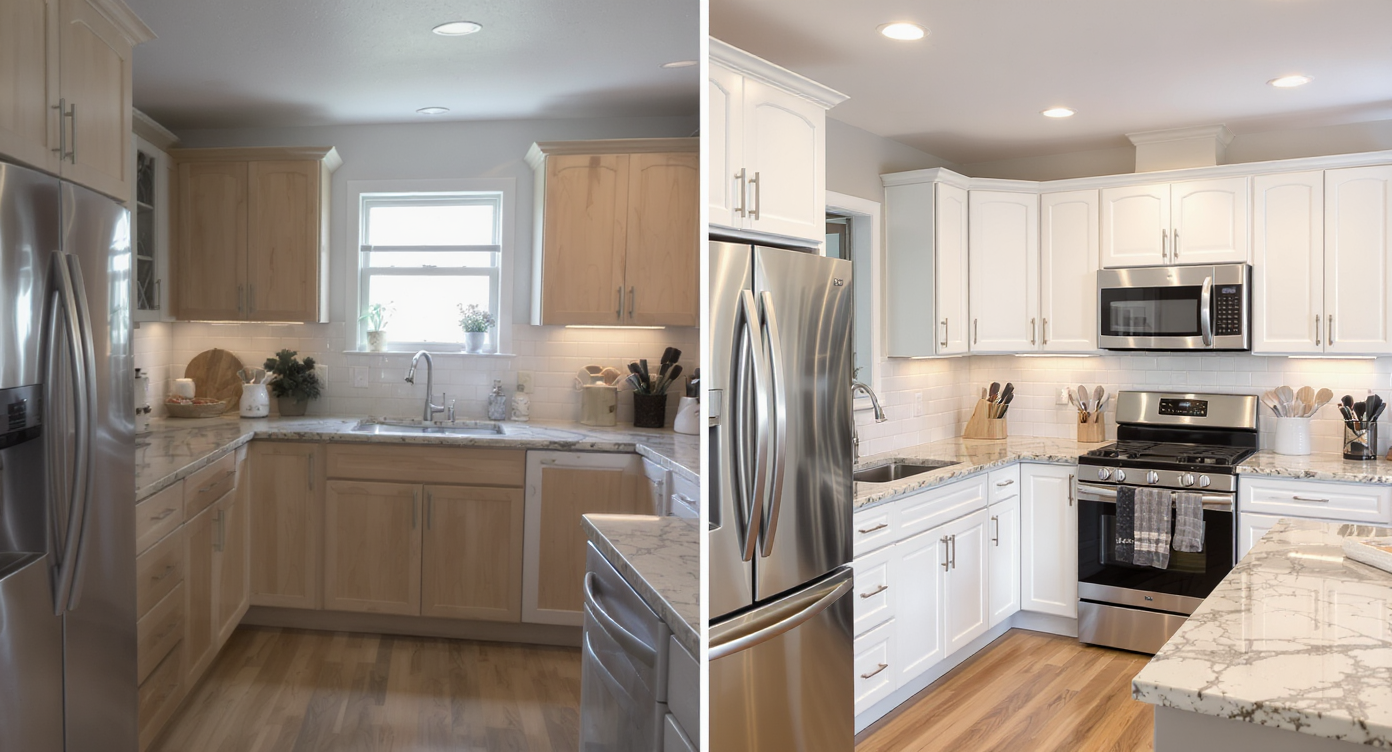 Comparison of crooked vs. leveled kitchen photos showing tilted cabinets and aligned cabinetry and countertops.