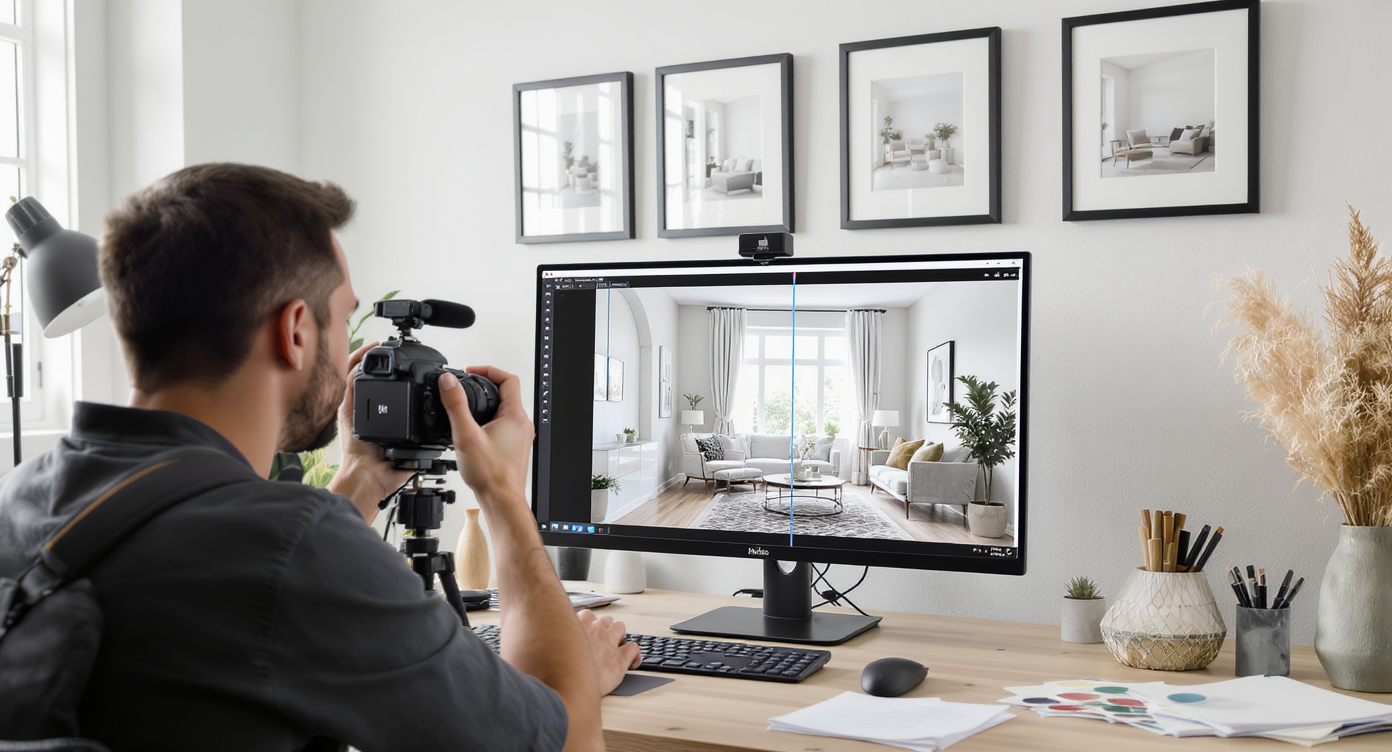 Photographer in a studio adjusting real estate photos on a monitor, ensuring perfectly straight vertical lines.