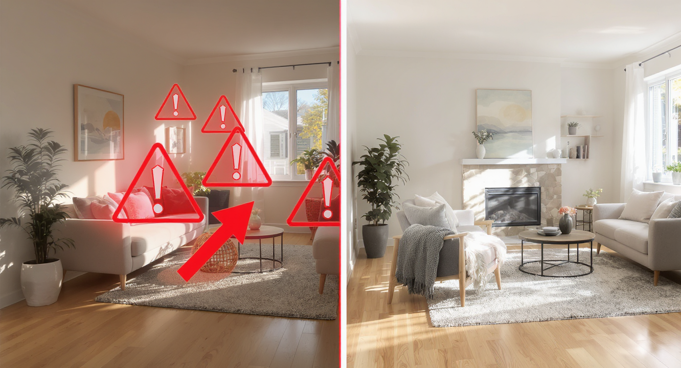 Comparison of crooked and straight real estate photos highlighting the impact of tilted shots on MLS compliance and listing quality.