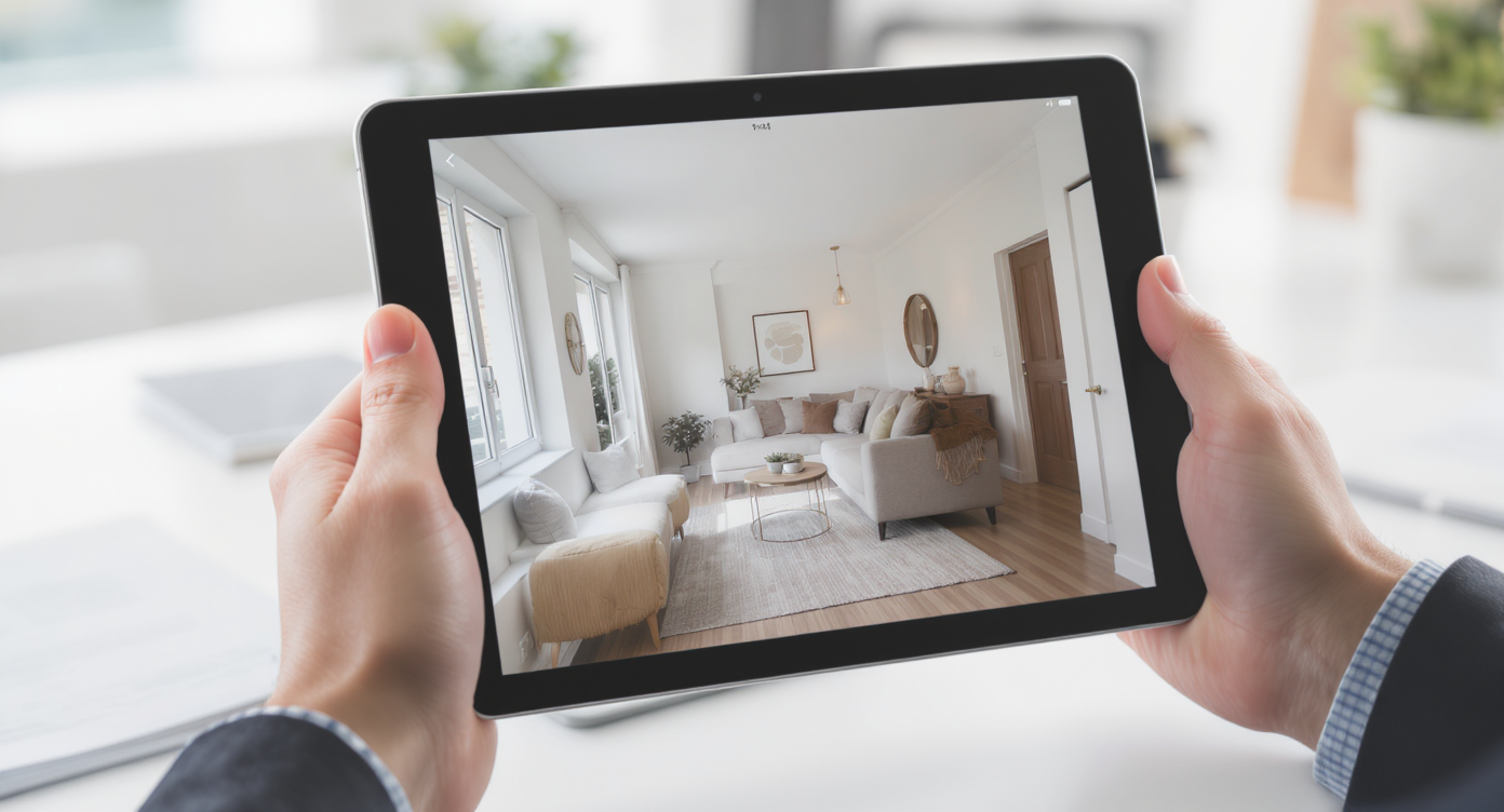 Real estate agent holding a tablet showing a crooked interior photo with tilted walls and furniture evident.