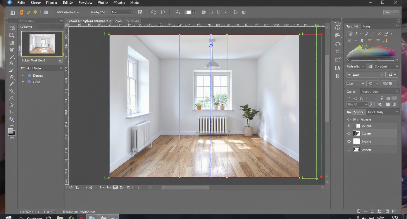 Photo editing software auto-straightening a tilted real estate interior image with visible alignment guides.