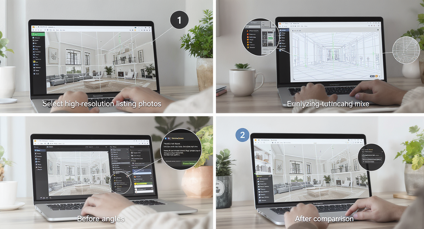 Stepwise depiction of ReimagineHome.ai’s photo straightening with photo selection, analysis, correction, and comparison.