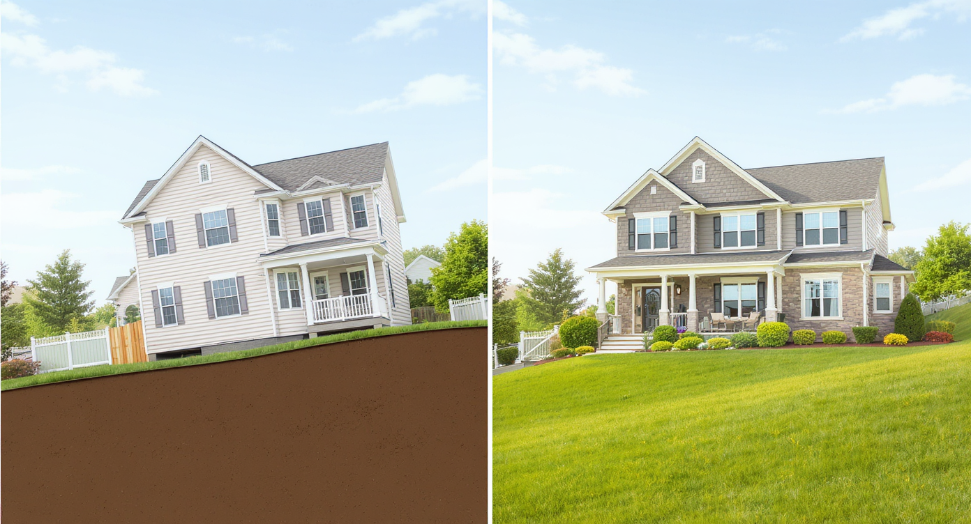 Split-view photo comparison of crooked vs vertically corrected home exterior on sloped ground under daylight.