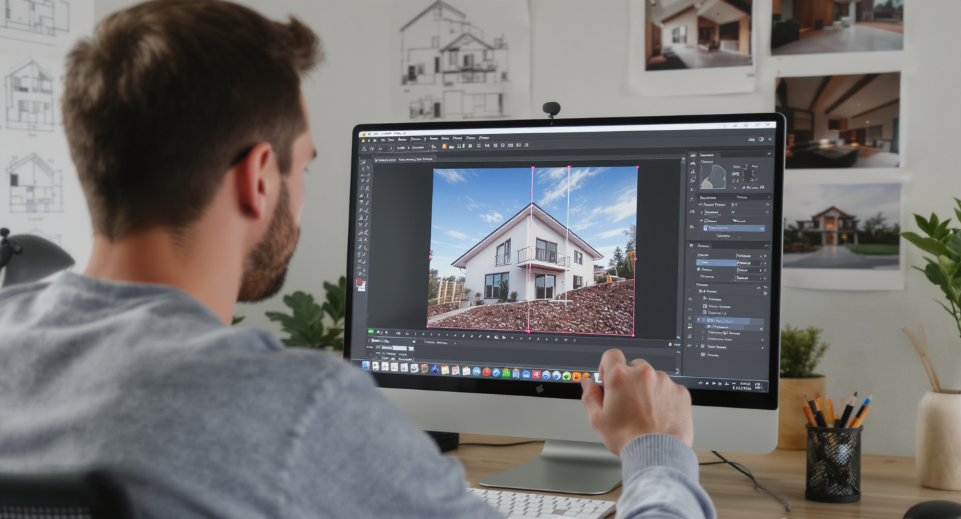 Professional photo editor at workstation adjusting vertical lines on home exterior photo in editing software.