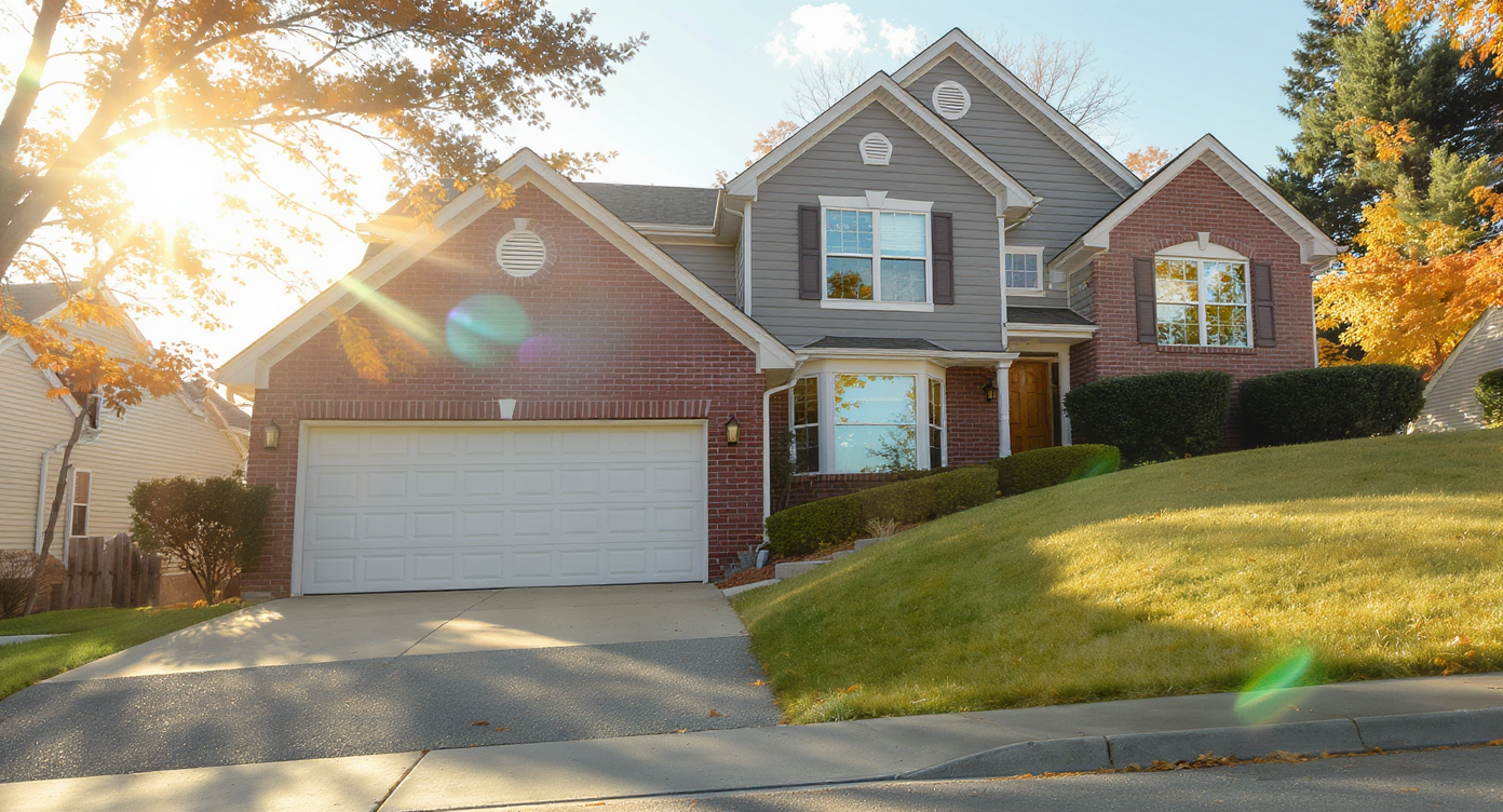 Suburban home photo skewed and tilted due to alignment to sloping driveway and grass edges under natural light.