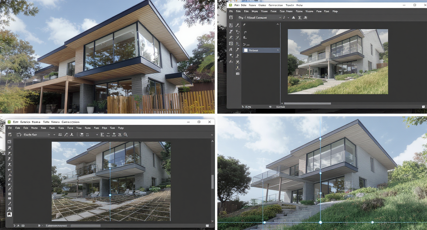 Four-step photo sequence showing selection, upload, vertical correction, and final upright home image on a slope.