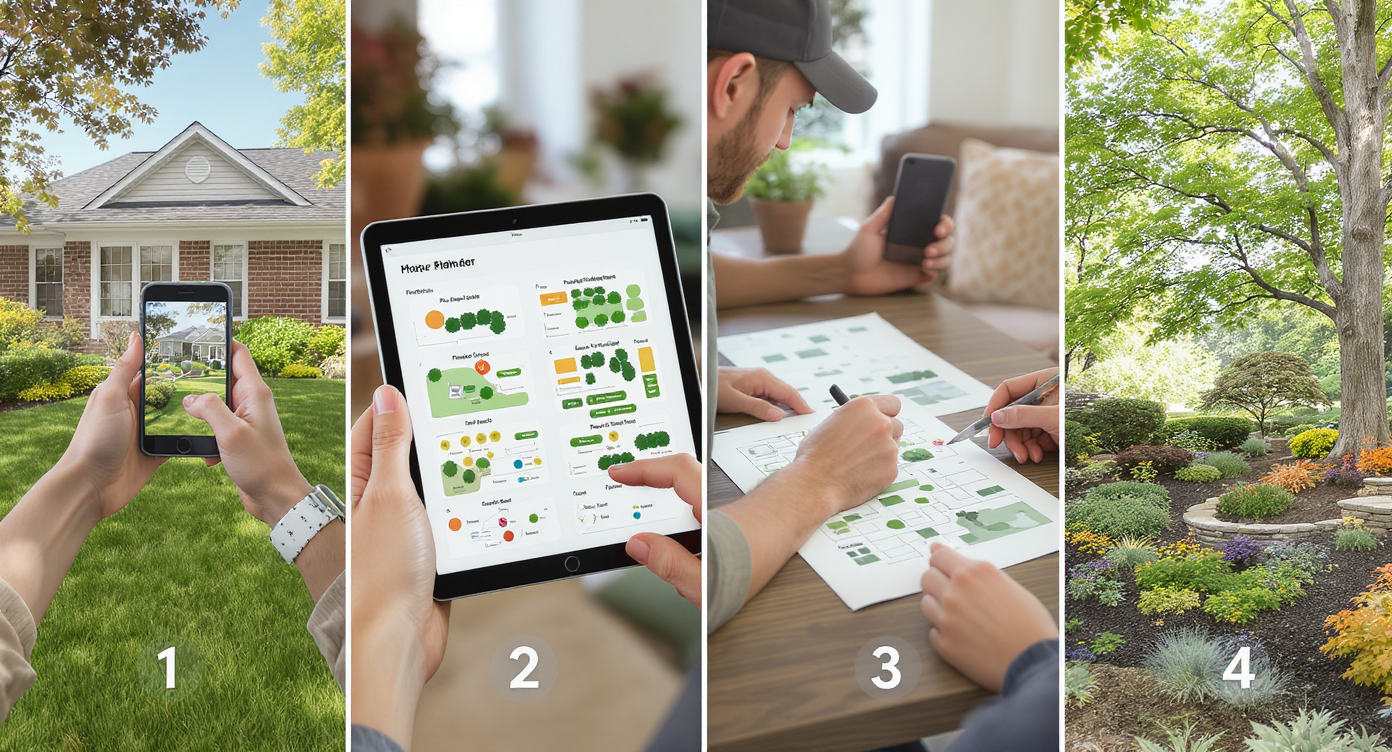 Four-panel collage showing photo-taking, digital lawn design, plan review with landscaper, and finished native planting yard.