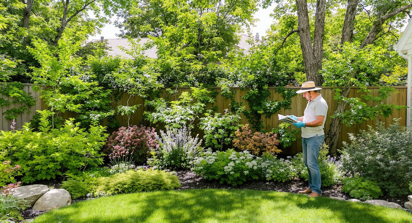 Gardener tending layered low-height native shrubs under tall trees achieving natural privacy and wildlife habitat.