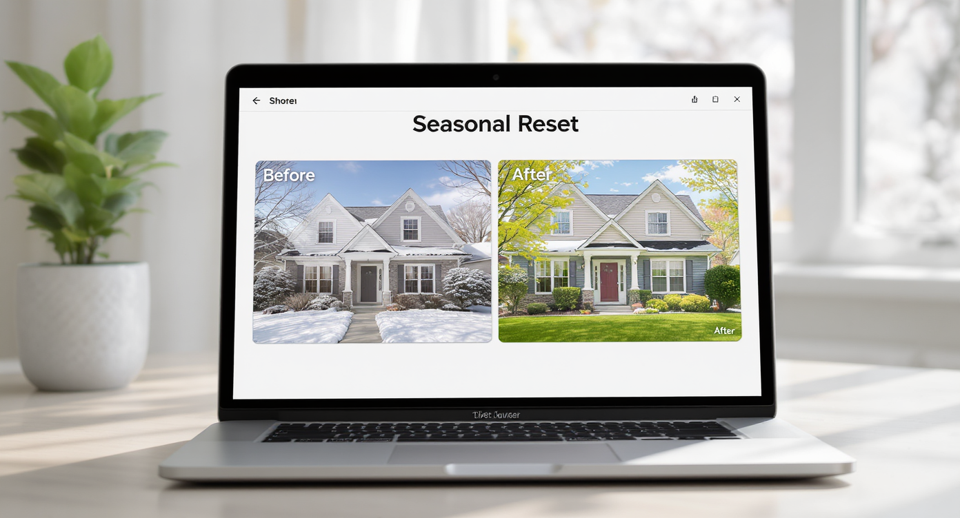 Laptop screen displaying before and after images of a snowy home transformed to spring via Seasonal Reset tool.