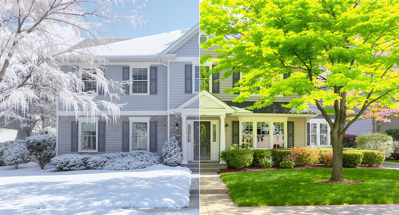 Split exterior photo showing contrast between snow-covered winter and green spring scene on the same home.
