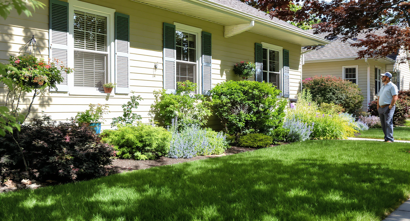 Home exterior with natural spring lighting and shadow alignment, matched plants, and realistic textures for authentic seasonal reset.