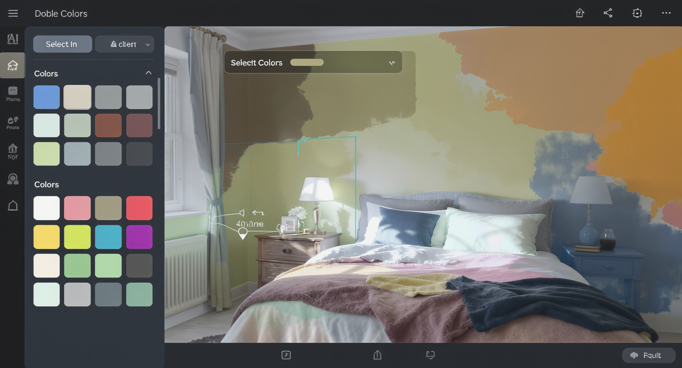 Bedroom photo showing AI tools digitally recoloring walls with selectable color swatches, preserving textures.