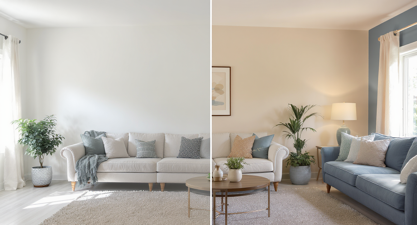 Side-by-side room image showing plain white walls versus digitally recolored warm beige and navy accent wall under natural light.