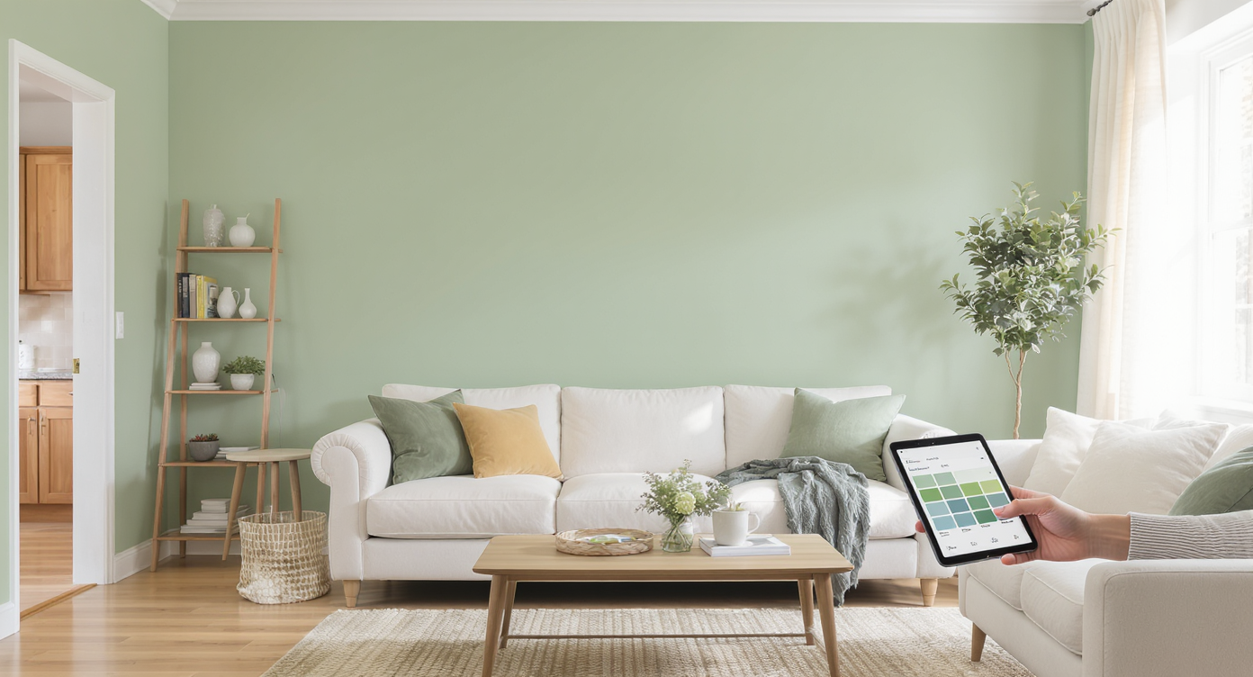 Sunlit living room with digitally repainted sage green accent wall, designer adjusting color on tablet nearby.