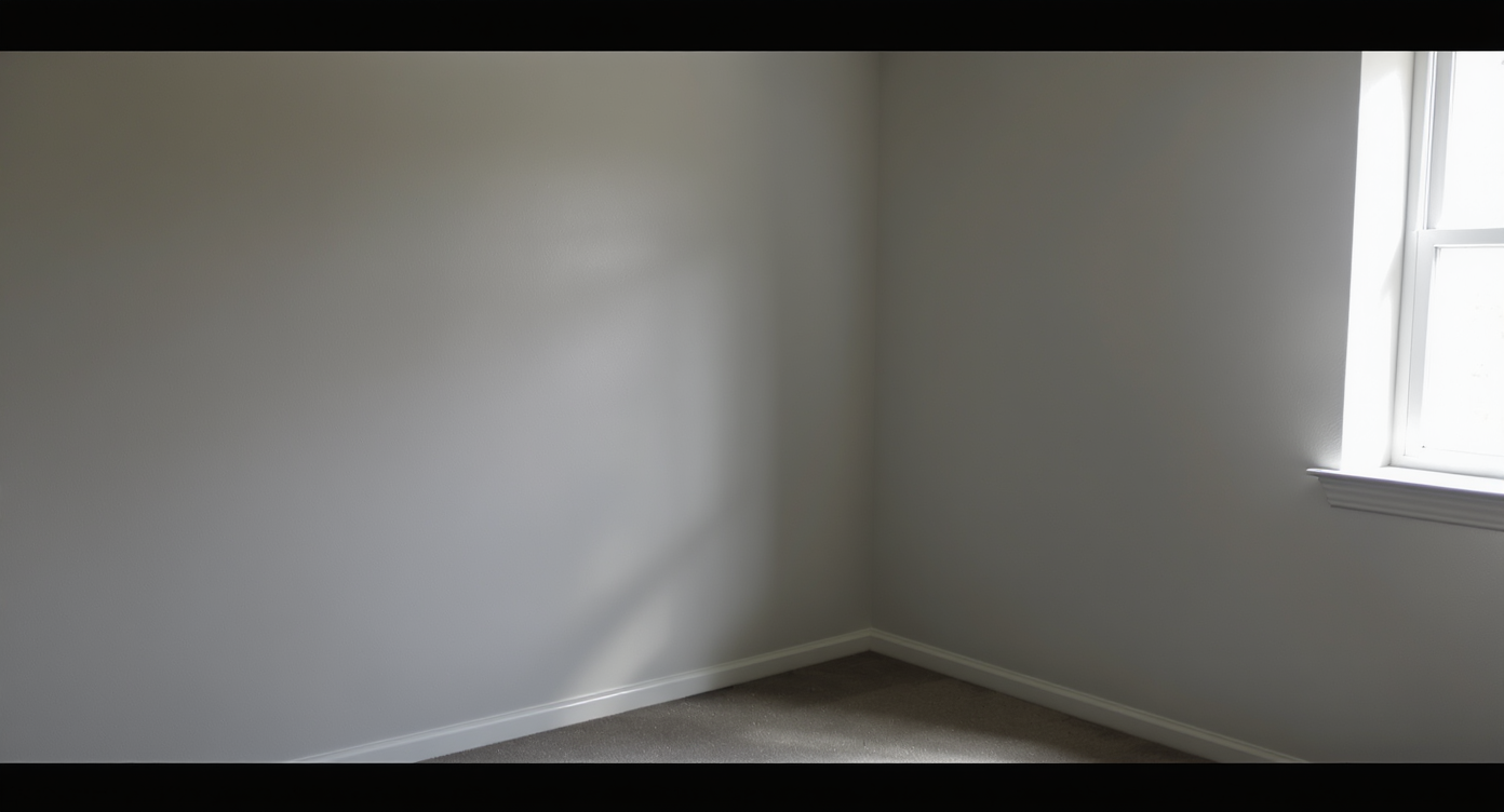 Small, dimly lit room with plain pale gray walls and minimal furniture, showcasing a cramped, uninspired space.