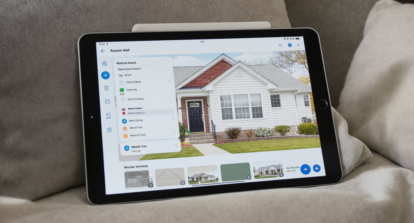 Tablet on sofa screen showing realistic digital recoloring of brick, wood siding, and trim on a house exterior photo.