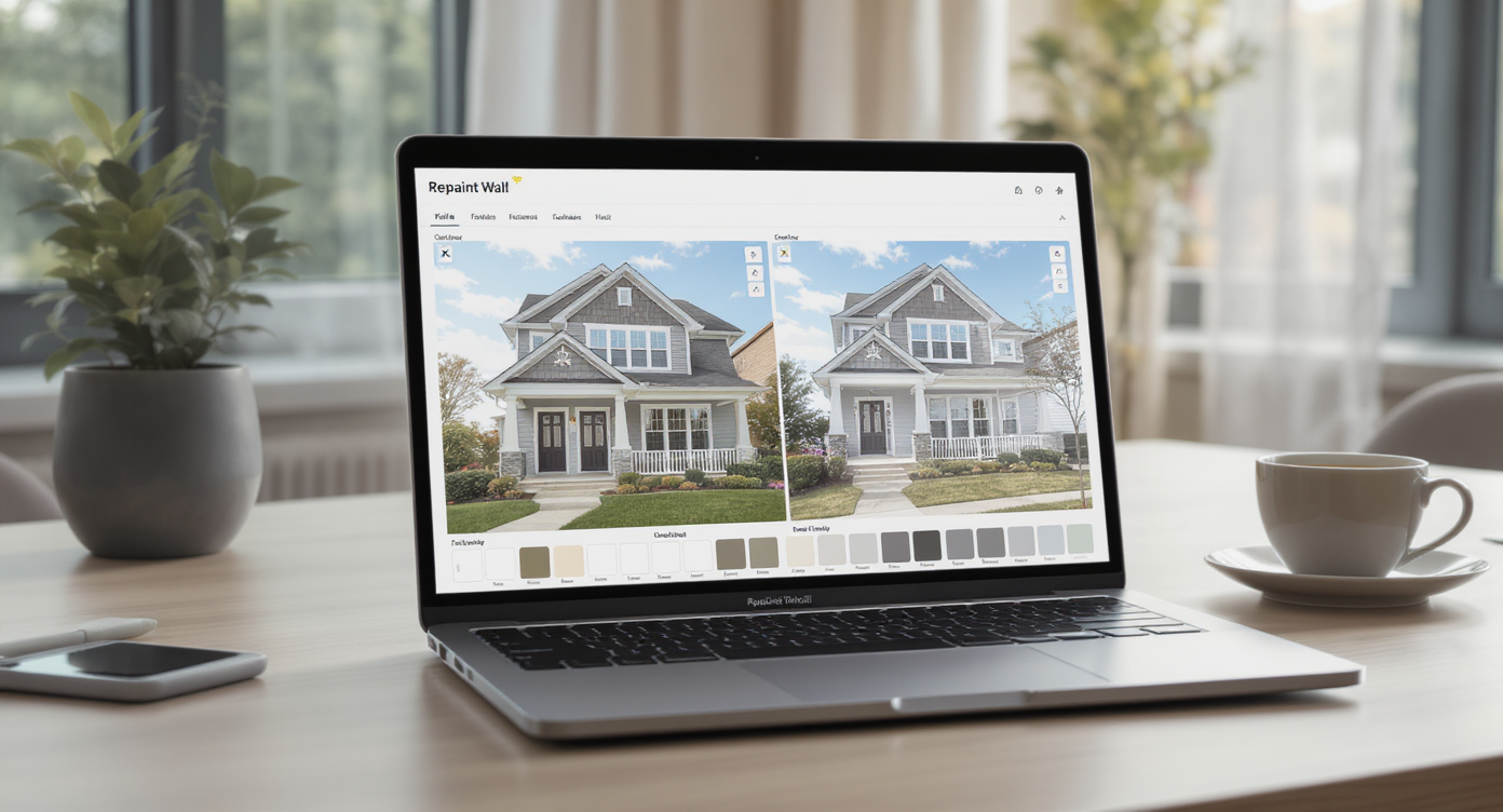 Laptop on wooden desk showing side-by-side exterior paint previews on a classic house, bathed in natural daylight.