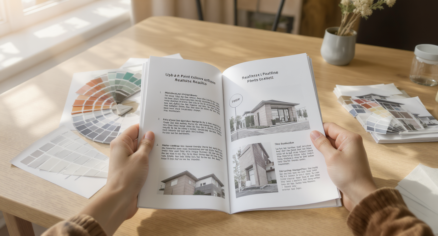 Designer studies print samples and swatches by natural light, illustrating tips for realistic exterior paint matching.