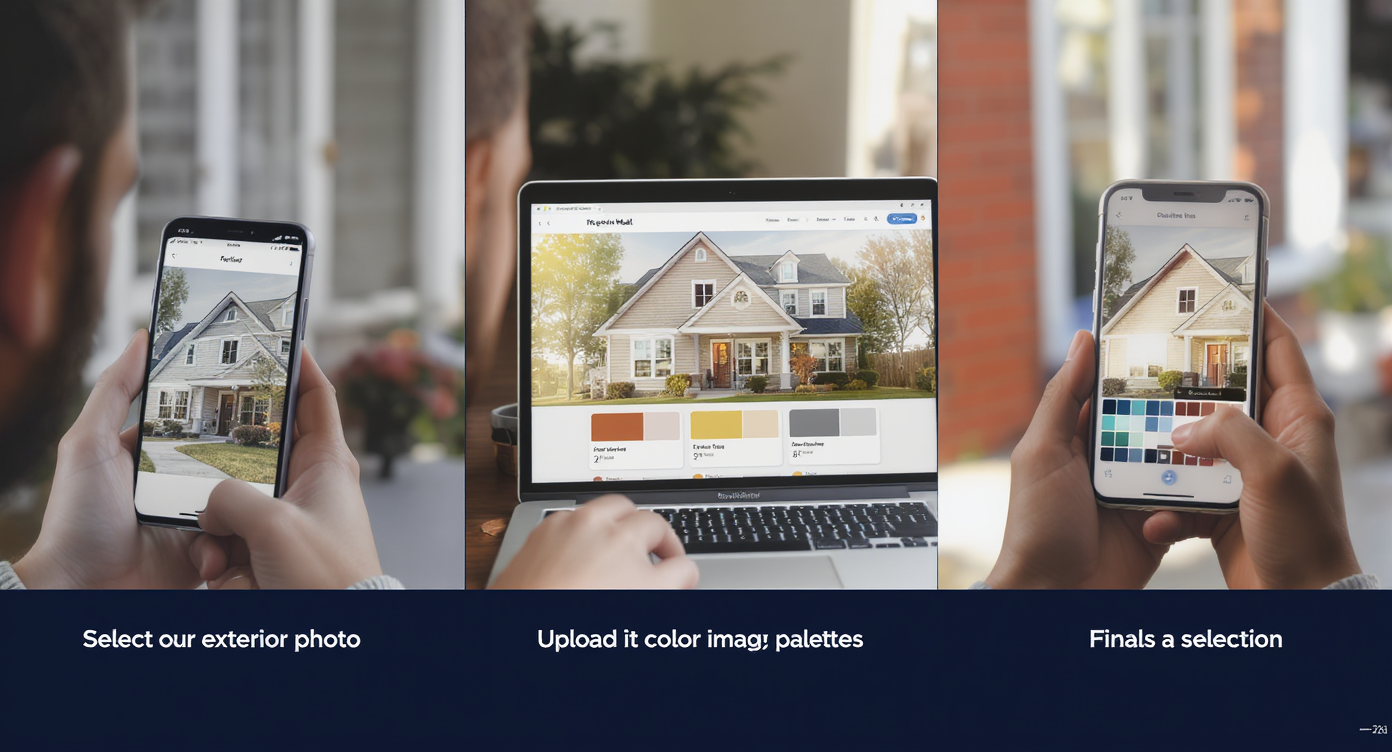 Sequence of realistic photos showing a homeowner choosing, uploading, viewing, and selecting repaint options digitally.