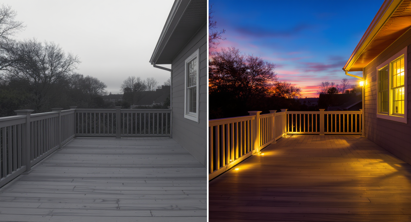 Side-by-side deck photos showing uninviting harsh midday light on left and warm, glowing dusk lighting on right.