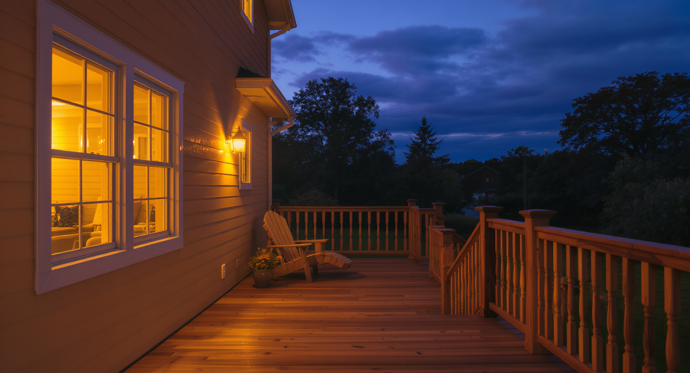 Realistic dusk deck scene with balanced warm lighting, natural wood texture, and gentle illuminated landscape accents.