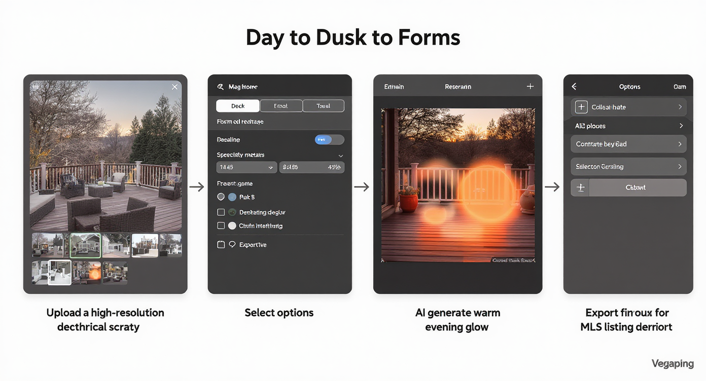 Collage illustrating the process of uploading, editing, refining, and exporting an outdoor deck photo with AI tool interface visible.