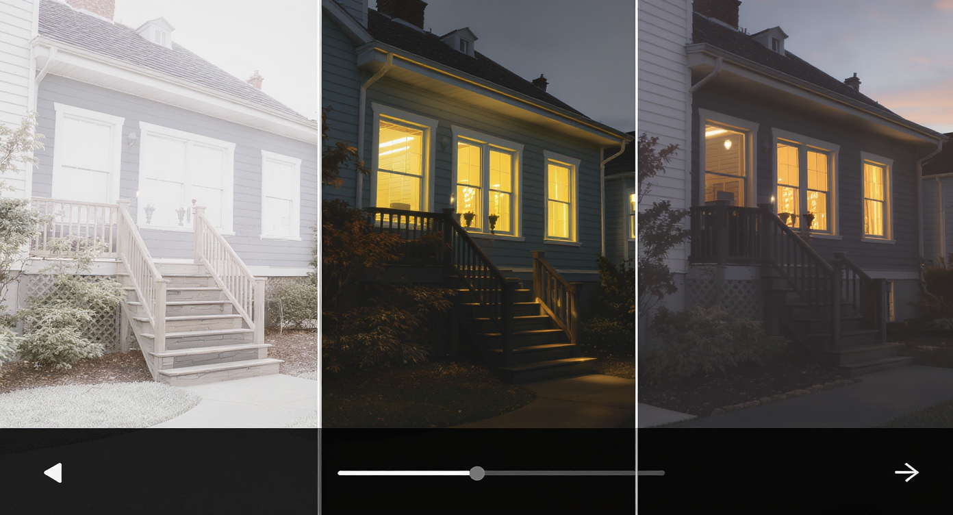 Sequential images showing one daytime deck photo transforming progressively into a realistic dusk scene with warm light effects.