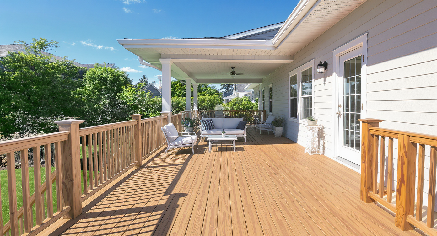 Bright midday photo of a modern deck with sharp shadows, natural wood textures, and clear blue sky overhead.
