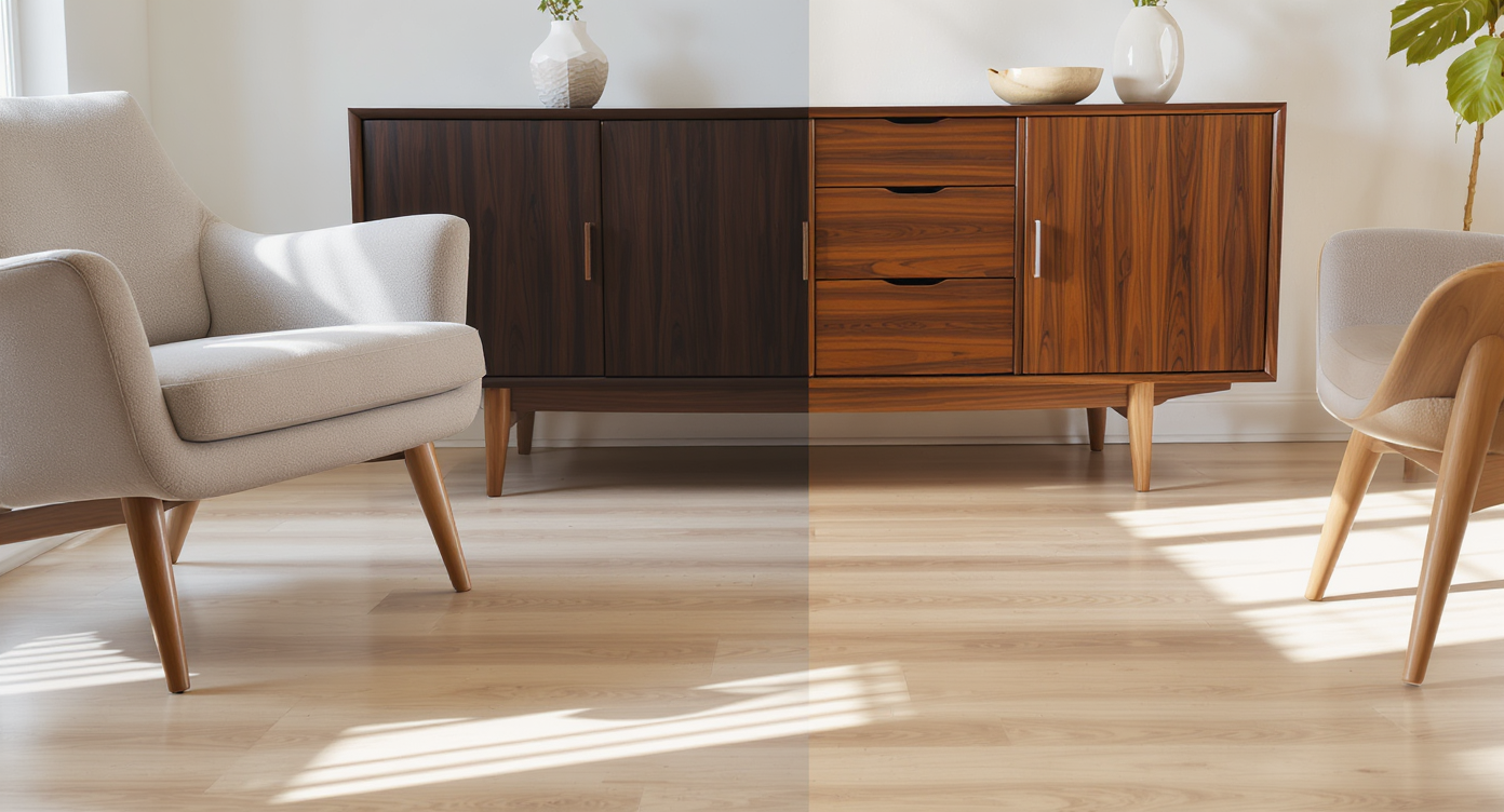 Living room with dark walnut sideboard clashing against pale ash floor and beige chairs, showing visual disharmony.