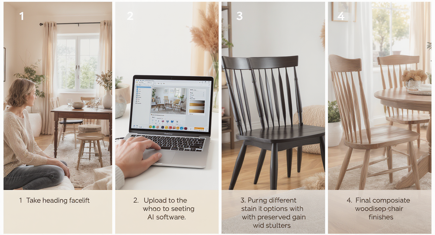 Collage of four panels depicting furniture facelift process from photo capture to final wood finish coordination.