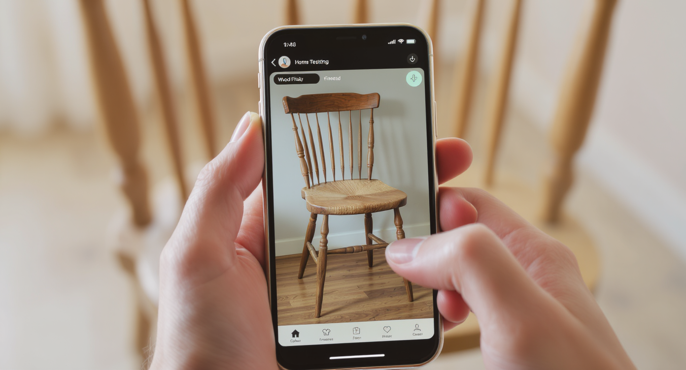 Close-up of smartphone showing furniture finish options on vintage oak chair in softly lit room with light wood floor.
