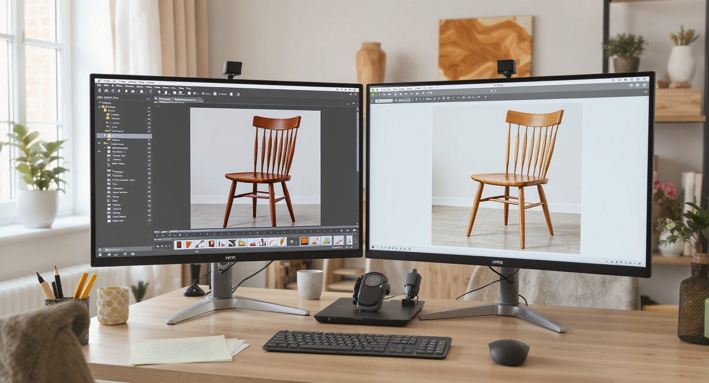 Home office with dual monitors showing AI furniture facelift editing before-and-after of wooden chair finish.