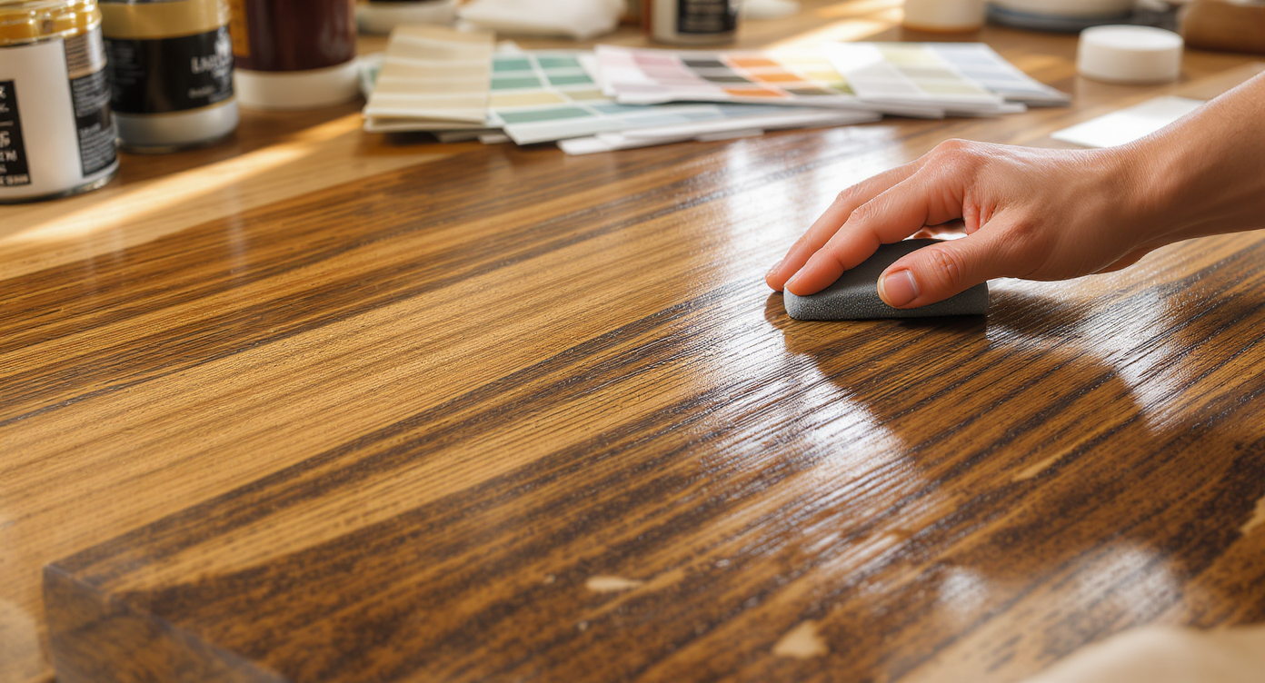 Close-up of designer applying semi-transparent walnut finish over light wood table with grain and stain samples nearby.