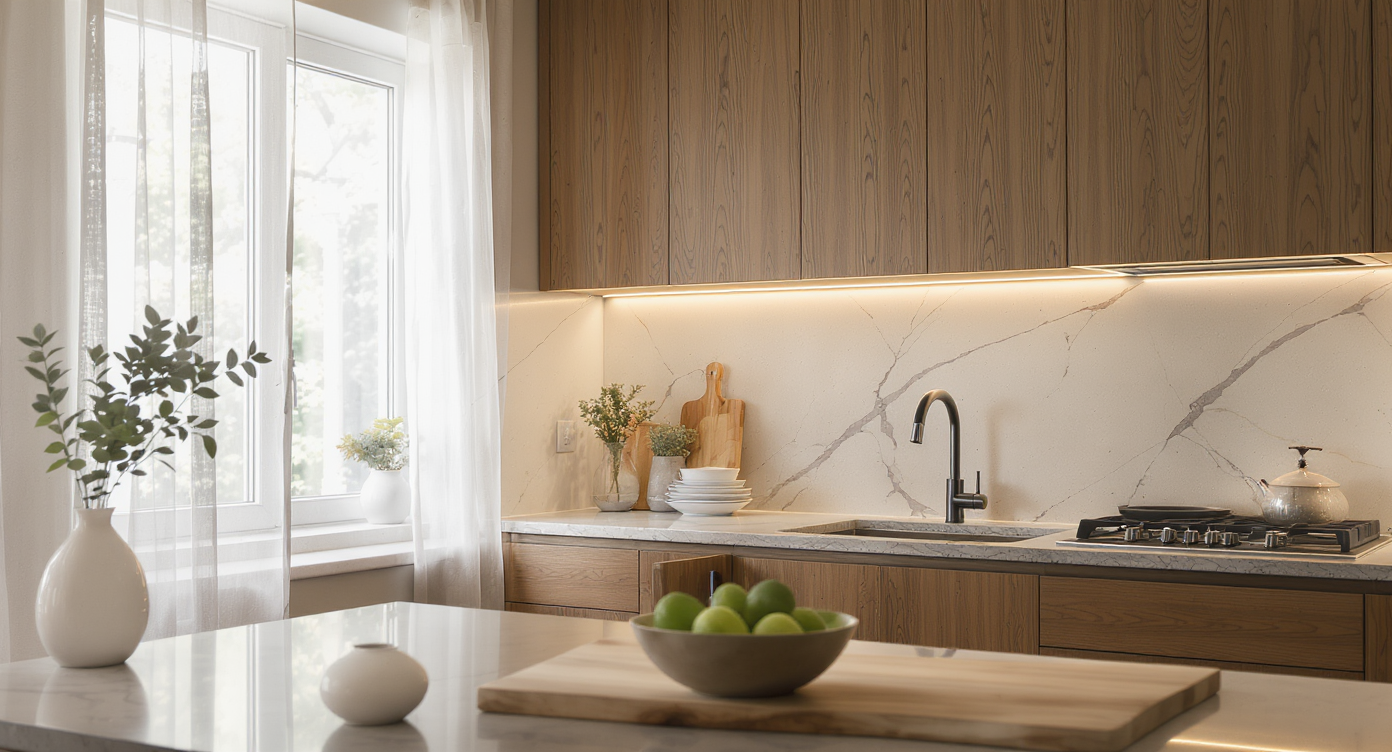 Bright kitchen with wood grain cabinets, matte stone counters, soft daylight, gentle LED lighting, and a designer adjusting the scene.