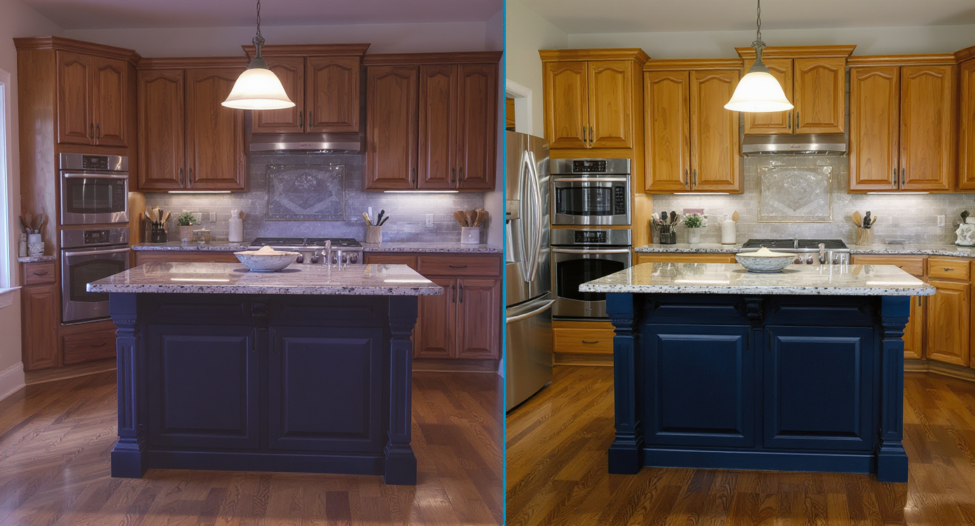 Split image showing purple-tinted kitchen island and warm wood cast in one half, natural colors and balanced lighting in the other half.