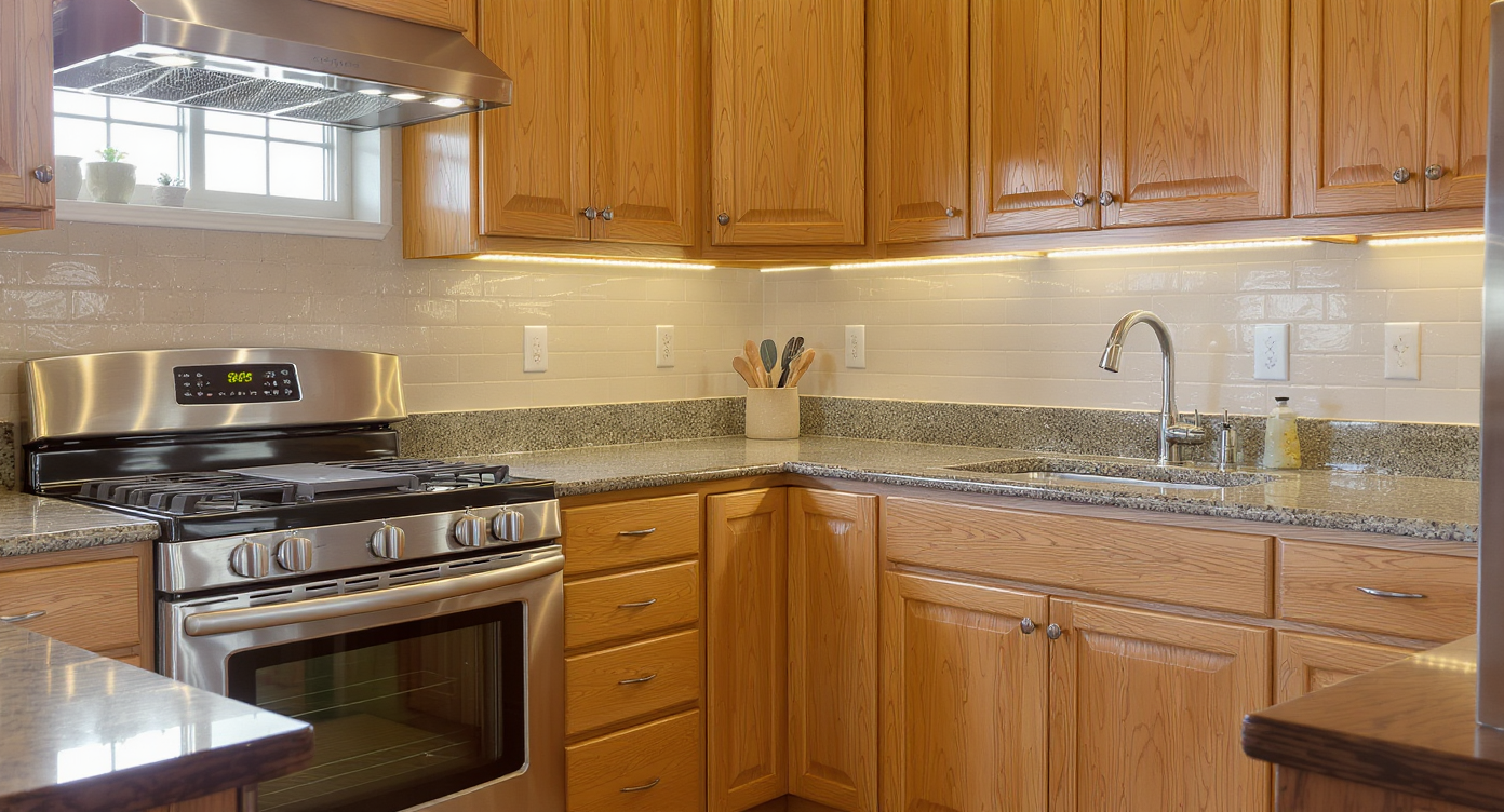 Kitchen corner with warm oak cabinets, mixed natural and LED light, stainless steel appliances, soft shadows, and neutral tones.