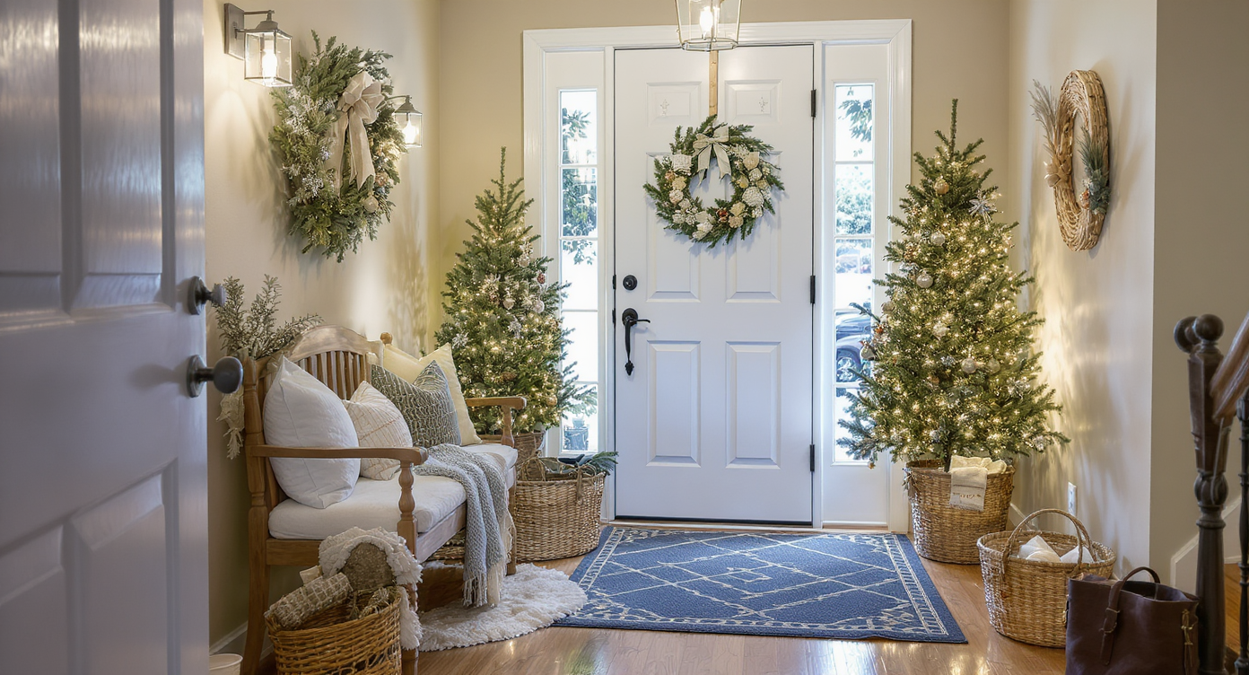 Festive entryway with a Christmas wreath, decorated bench, small tree, and natural accents highlighted by soft daylight.