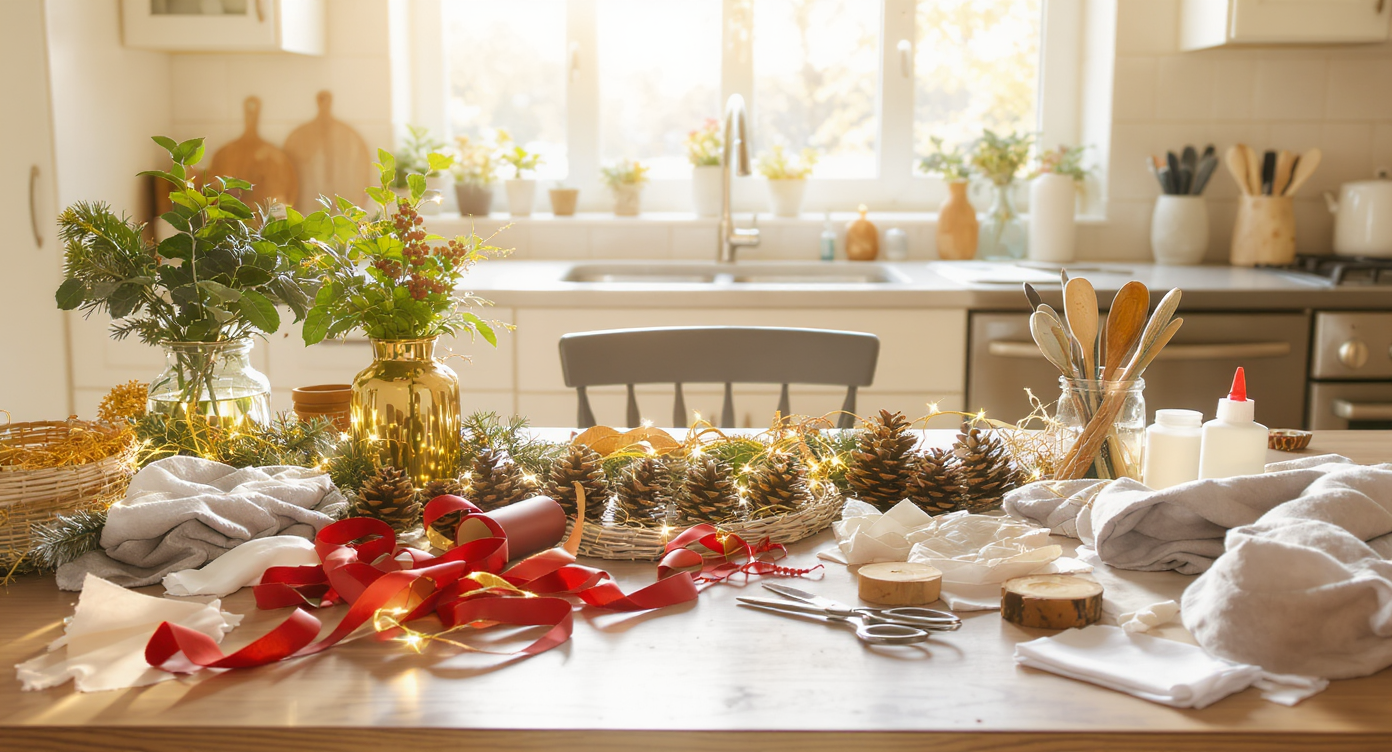 Christmas craft workspace with pinecones, ribbons, greenery, and string lights on a sunlit kitchen table.